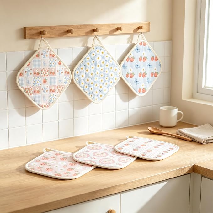 6 Pack Pot Holders 100% Cotton Heat Resistant Potholder, Machine Washable Pot Holder, Hot Pads, Table Pads for Cooking Baking (W)
