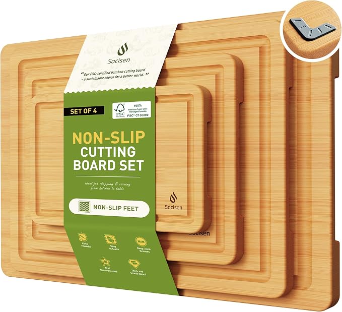 Bamboo Cutting Board for Kitchen, Durable Wooden Chopping Board with Juice Groove & Handles, Ideal Serving & Charcuterie Board for Meat, Veggies, Fruits, Cheese – Perfect Housewarming & Wedding Gift