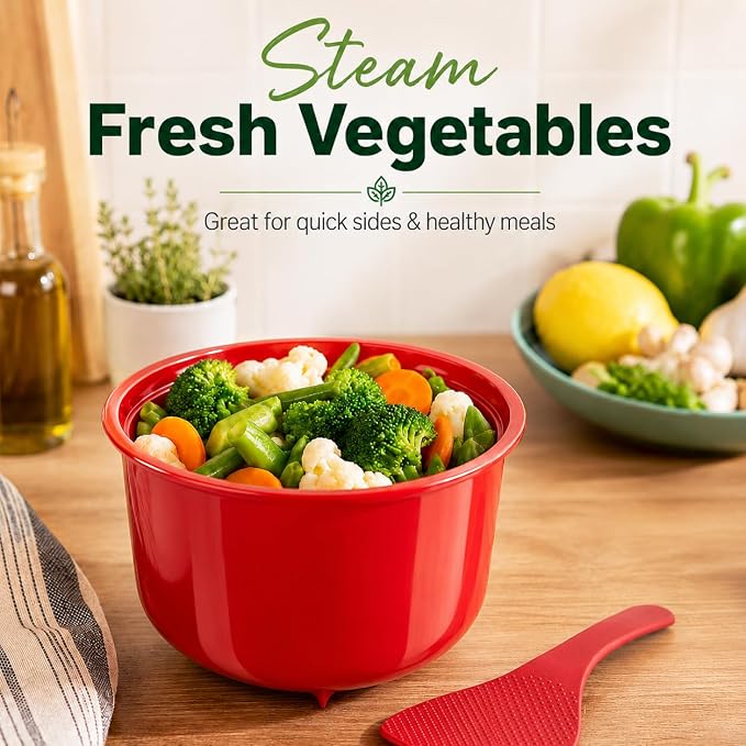 Microwave Rice Cooker with Steamer Lid and Spoon – BPA-Free 2.6L Rice Maker, Dishwasher Safe, for Basmati, Jasmine, Spanish, Indian Rice, Pasta, Ramen and Vegetables