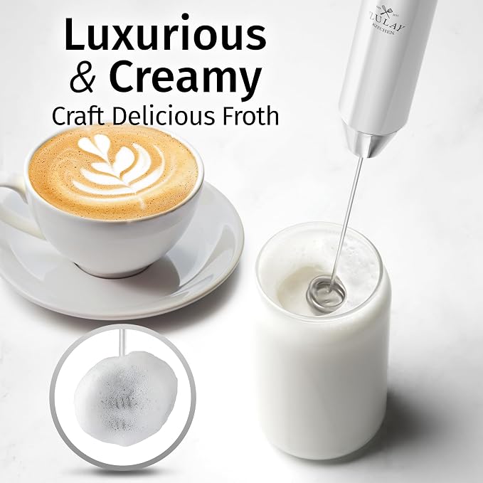 Zulay Kitchen Rechargeable Milk Frother Handheld - Frother Wand, Drink Mixer, Electric Whisk Frother, for Cappuccinos, Matcha & Protein Powder - Lux Double Whisk 2 Speed Waterproof 2000mAh White