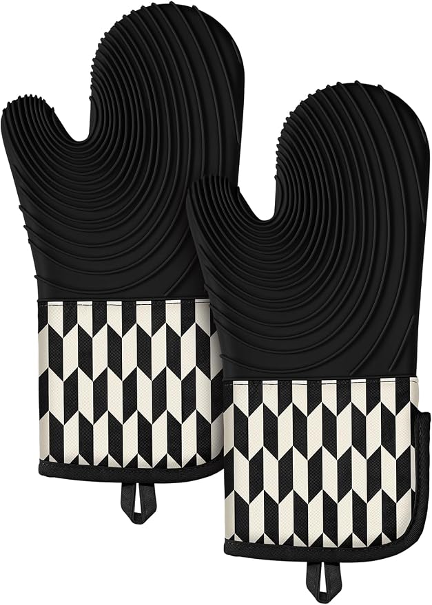 Slohif Long Silicone Oven Mitts Heat Resistant for Women - 2 Pcs Black-White Geometric 100% Cotton Oven Gloves, Non-Slip and Waterproof Silicone Oven Mitts with Hanger for Baking and Cooking