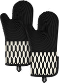 Slohif Long Silicone Oven Mitts Heat Resistant for Women - 2 Pcs Black-White Geometric 100% Cotton Oven Gloves, Non-Slip and Waterproof Silicone Oven Mitts with Hanger for Baking and Cooking