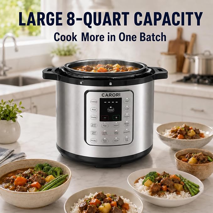 CARORI 8Qt 12-in-1 1200W Stainless Steel Pressure Cooker,Quick Meals, Time-Saving, Healthy, Convenient & Efficient - with Safer Venting & Recipe Book, Silver