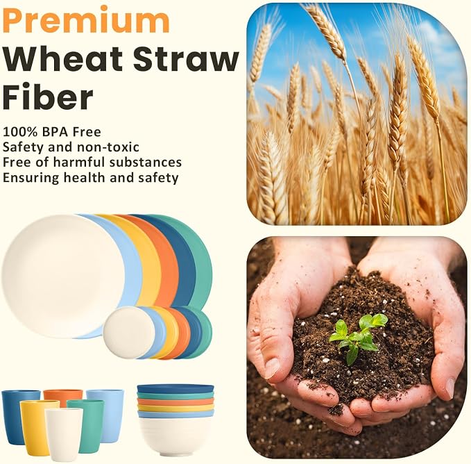 Unbreakable Wheat Straw Dinnerware Set - Plastic Plates and Bowls Sets Alternative, 24-Piece Dishes Set for Apartment, RV, Party, Microwave and Dishwasher Safe Plates, Bowls, Cups(Multi)