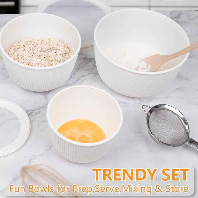 BoxedHome Plastic Mixing Bowls with Lids Set,4.97QT Large Capacity Deep Nesting Bowl,8 Pieces Set BPA-Free Prep Bowls,Dishwasher & Microwave Safe,Beige