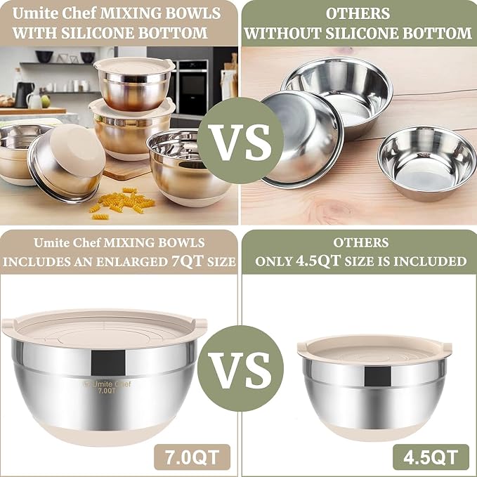 Umite Chef Mixing Bowls with Airtight Lids, 6 piece Stainless Steel Metal Nesting Storage Bowls, Non-Slip Bottoms Size 7, 3.5, 2.5, 2.0,1.5, 1QT, Great for Mixing & Serving (Khaki)