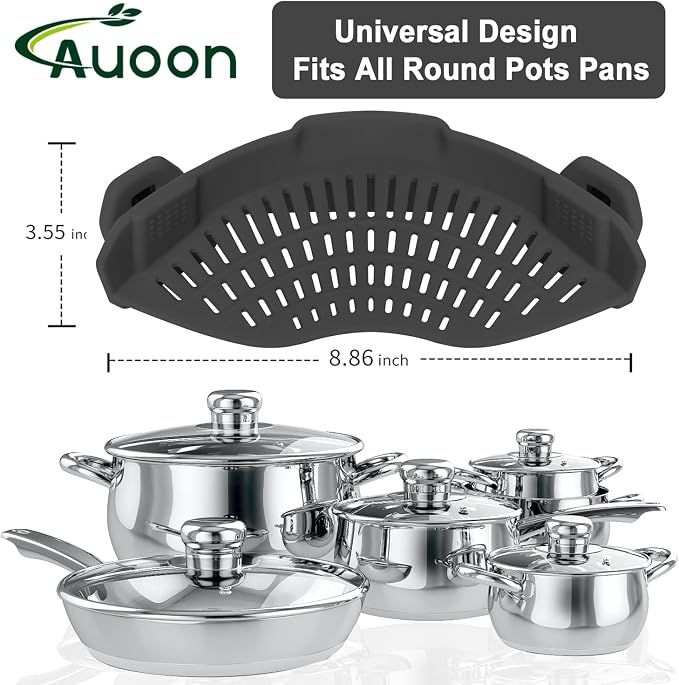 AUOON Clip On Pot Strainer Silicone, Standard 8.86 x 3.55in, Gray | BPA-free, Fits All Pots Pans Bowls, Dishwasher Safe, for Pasta Noodles Vegetable Fruits, Space-saving Kitchen Gadget