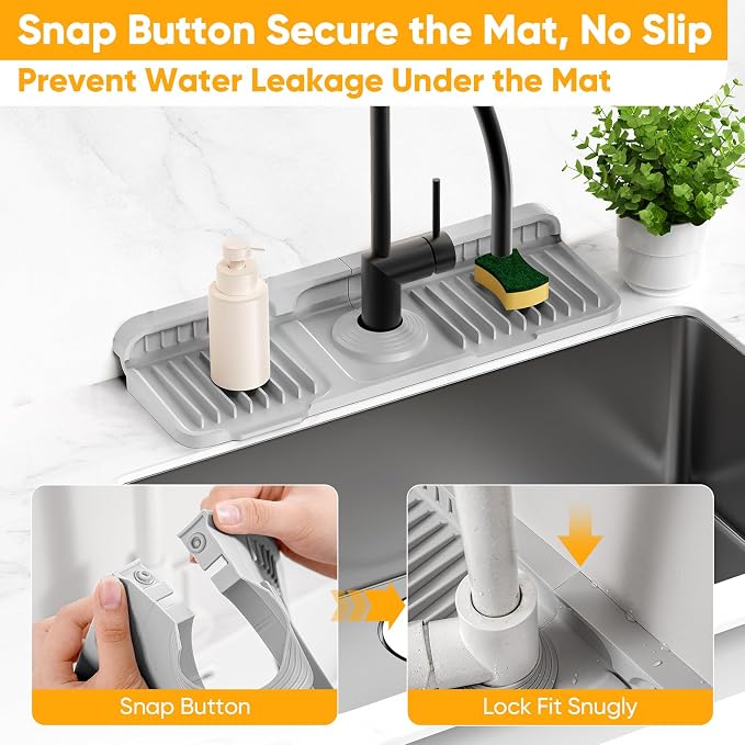 14.6 inch Faucet Mat for Kitchen Sink Splash Guard[7° Slope Fast Self-draining][Snap Lock Fit]Kitchen Sink Faucet Mat Splash Guard Kitchen Sink Area Water Splash Guard Behind Faucet Draining Mat