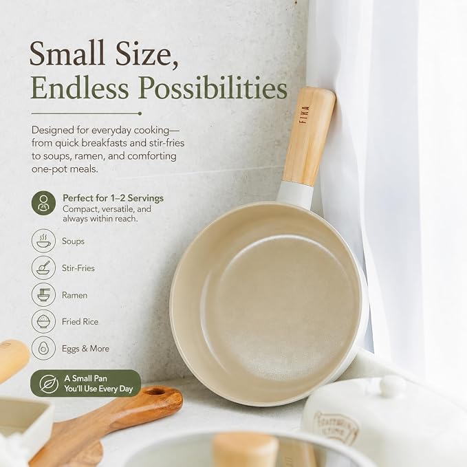 FIKA Small 7-Inch Deep Ceramic Coated Wok Pan, Nonstick Stir Fry & Soup Pan with Natural Wooden Handle, Induction Compatible for All Stovetops, Made in Korea (18cm)