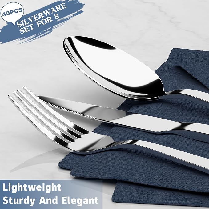Yoehka 40 Piece Silverware Set, Stainless Steel Flatware Set for 8 | Heavy Duty, Mirror Polished Cutlery Set, Include Spoons/Forks/Knives, For Home Restaurant Hotel, Dishwasher Safe