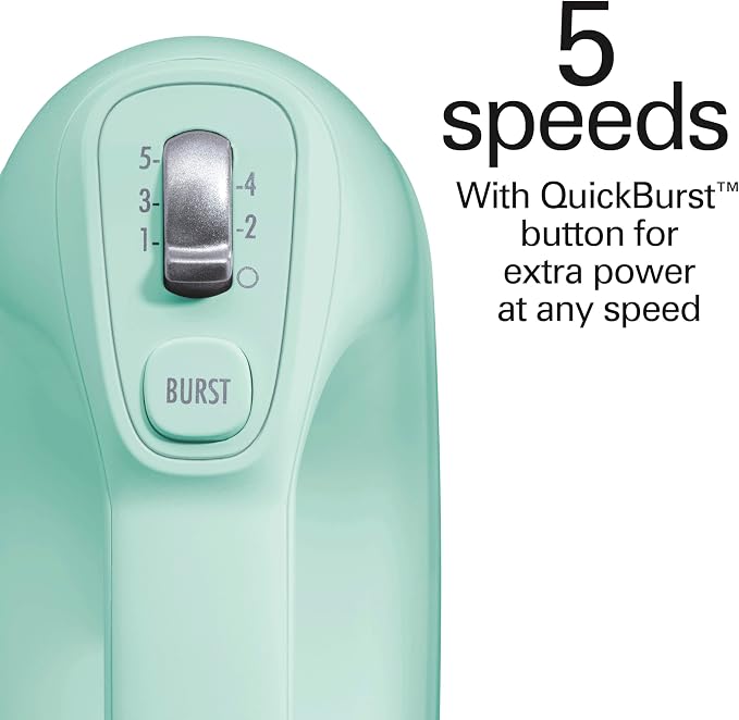 Hamilton Beach Professional 5-Speed Electric Hand Mixer with Snap-On Storage Case, QuickBurst, Stainless Steel Twisted Wire Beaters and Whisk, Mint (62658) | High-Performance DC Motor | Slow Start | Snap-On Storage Case | Stainless Steel Beaters & Whis...