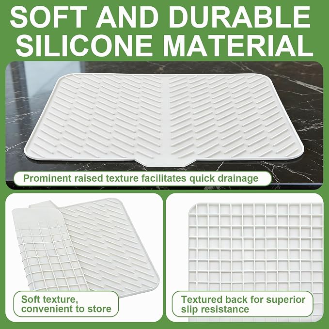 Silicone Dish Drying Mat for Kitchen Counter, White-1pcs, 23" x 17" | Heat Resistant & Non-Slip Dish Drain Pad with Built-In Drain, Dishwasher Safe, Quick-Dry, Hangable & Roll-Up for Storage