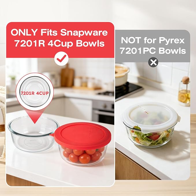 Silicone Lids Replacement for Snapware 7201R 4 Cup Round Glass Storage Containers (Containers Not Included) (Red - 4 Pack)