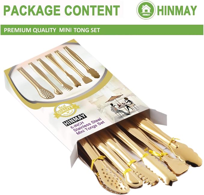 HINMAY Gold Plated Mini Serving Tongs Set 6-Inch Appetizers Tongs, Set of 6 | Stainless Steel Small Sugar Cube Tongs Ice Tongs