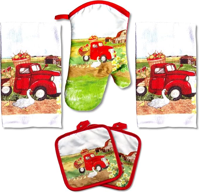Lobyn Value Pack Vintage Red Truck Design, 5 Piece Set | Kitchen Towel Set with 2 Decorative Dish Towels (25 X15), 1 Oven Mitt (11 X 7) and 2 Potholders (6.5 X 6.5)