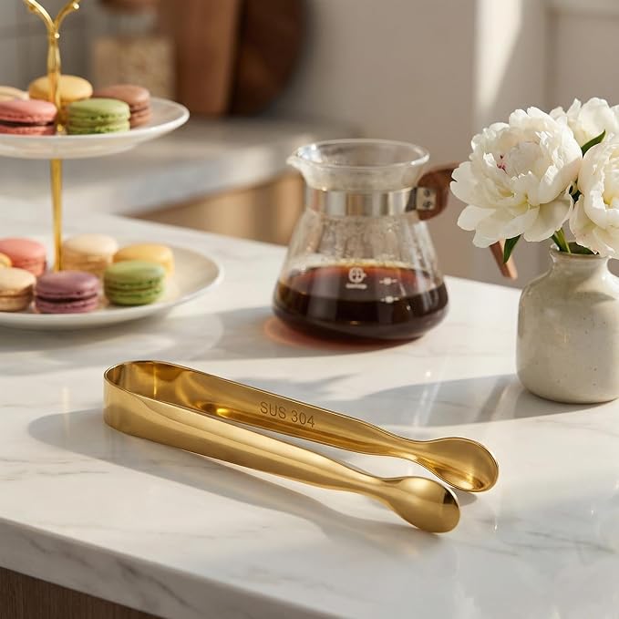 Mini Serving Tongs Set of 6, 4.25 Inch Gold Stainless Steel Small Tongs | Perfect for Sugar Cubes, Desserts, Tea Party, Ice Cubes, Appetizers — Smooth Rounded Edges, Dishwasher Safe Kitchen Utensils