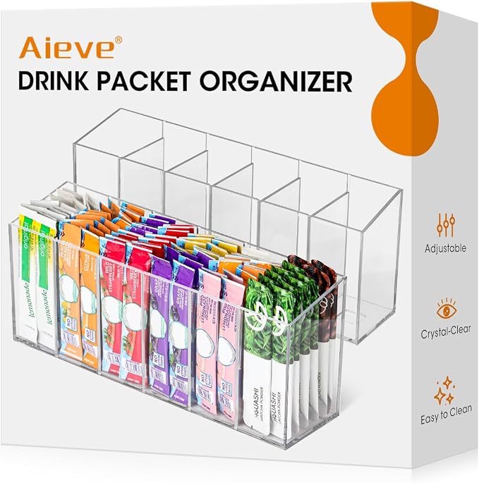 Aieve 2 Pack Drink Packet Organizer, Water Drink Packet Holder with Removable Dividers for Pantry Organizers and Storage, Water Flavor Powder Mix Holder for Kitchen Storage Organization