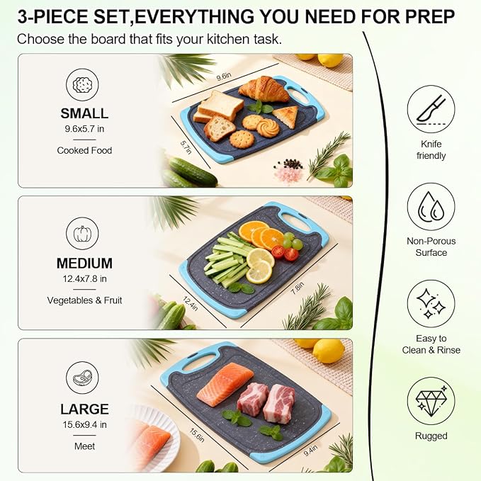 Plastic Cutting Boards for Kitchen non BPA, 3 Pieces, Dishwasher Safe, Aqua | Chopping boards Set with Juice Grooves, Easy Grip Handle, Non-Slip, Grinding Area for Grinding Garlic and Ginger