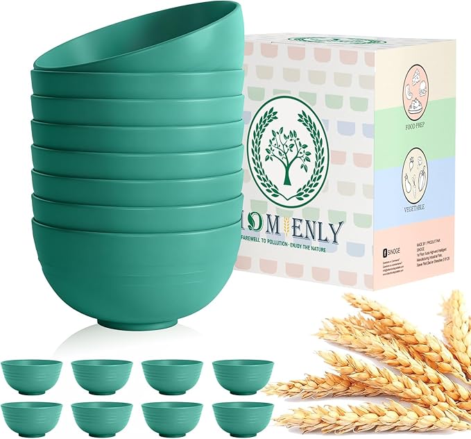 Wheat Straw Bowls, Cereal Bowls, Plastic Bowl Alternative, Set of 8, Unbreakable Microwave Safe Bowls for Soup, Salad, Dinner, Cereal, Snack, Dishwasher Safe for Kitchen, Party (Green, 26 OZ)
