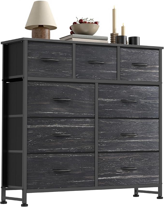 Sweetcrispy 9 Drawer Fabric Dresser Storage Tower Drawer Organizer | Sturdy Steel Frame with Wood-top, Easy-pull Handles, Space-Saving Organizer Chest for Bedroom, Closet, Black Wood Grain
