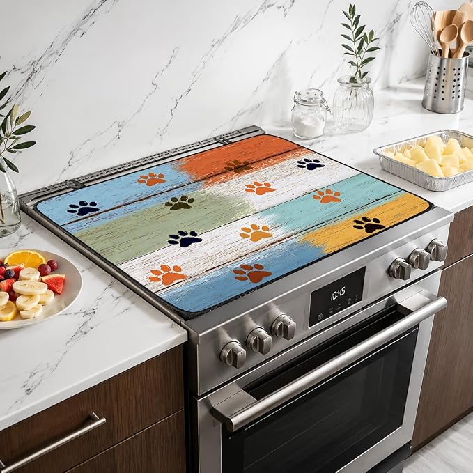 Electric Stove Top Cover for Glass Top, Dog Paw Prints Decor – Heat Resistant Flat Stove Top Covers, Decorative Scratch Protector Mat for Glass Ceramic Cooktop, Non-Slip, 28"x20"