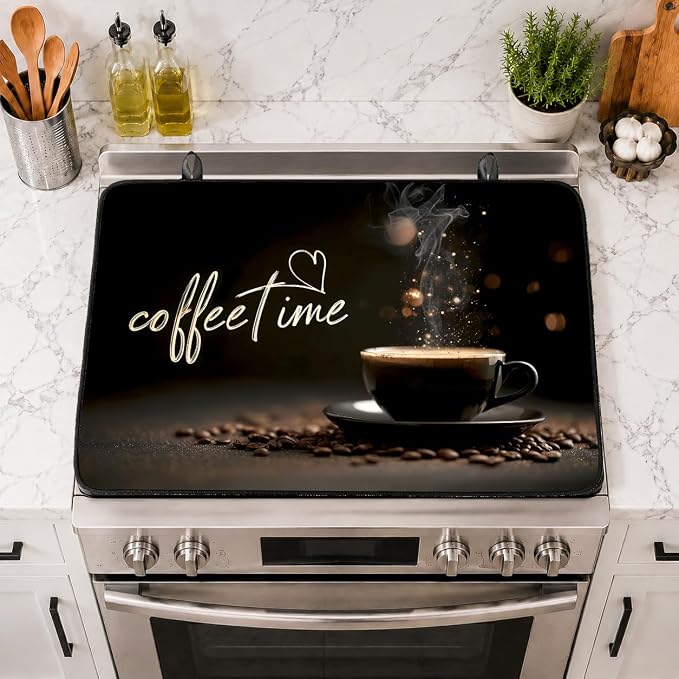 Electric Stove Top Cover for Glass Top, Coffee Time Cafe Decor – Heat Resistant Flat Stove Top Covers, Decorative Scratch Protector Mat for Glass Ceramic Cooktop, Non-Slip, 28"x20"