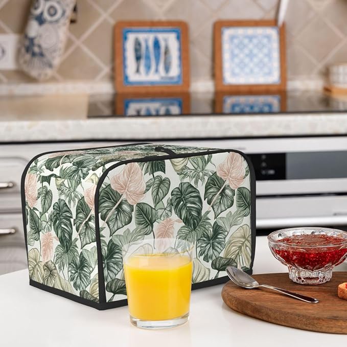 2 Slice Toaster Cover Tropical Leaf Pattern Dust Proof Washable Kitchen Appliance Cover with Pocket, Oxford Fabric Countertop Toaster Protector for Standard Toasters Small Appliances