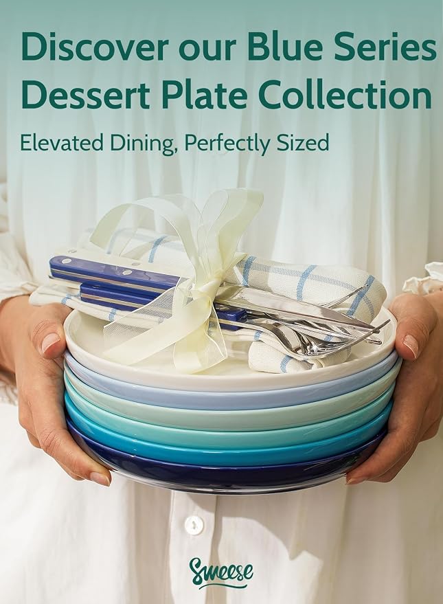 Sweese Porcelain Dessert Plates 7.4 Inch - Set of 6, Salad Appetizer Plates, Microwave Dishwasher Safe, Scratch Resistant, Blue