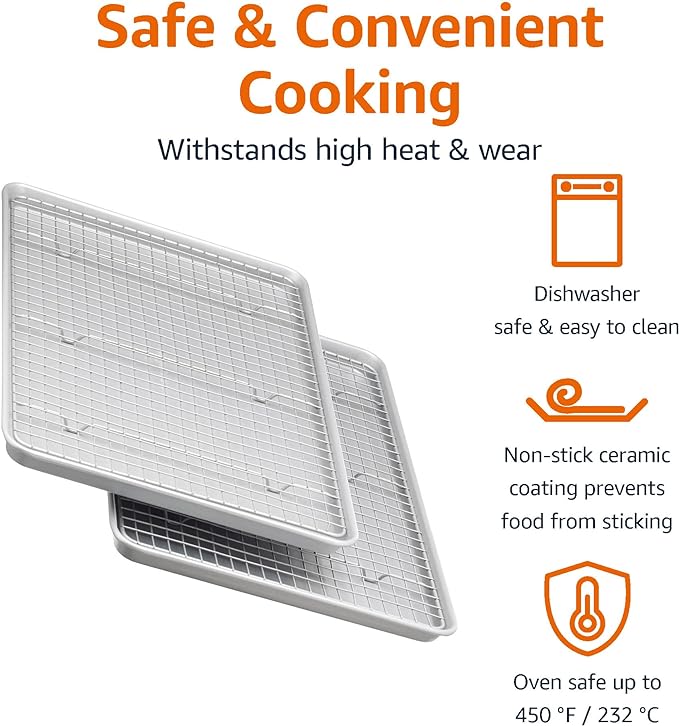 Amazon Basics Ceramic Nonstick Baking Sheets & Cooling Rack Set, Dishwasher Safe, Oven Safe, Half Sheet Size, Gray, 2-Pack
