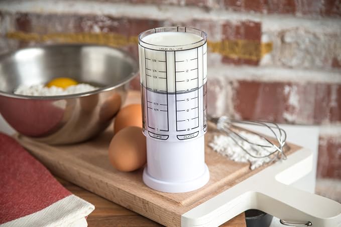 KitchenArt 1 Cup Adjust-A-Cup, Plastic, White | Plunger Measuring Cup | Measures Between 1/8 Cup to 1 Cup | Includes Conversions | Kitchen Gadget | Measures Solids & Liquids