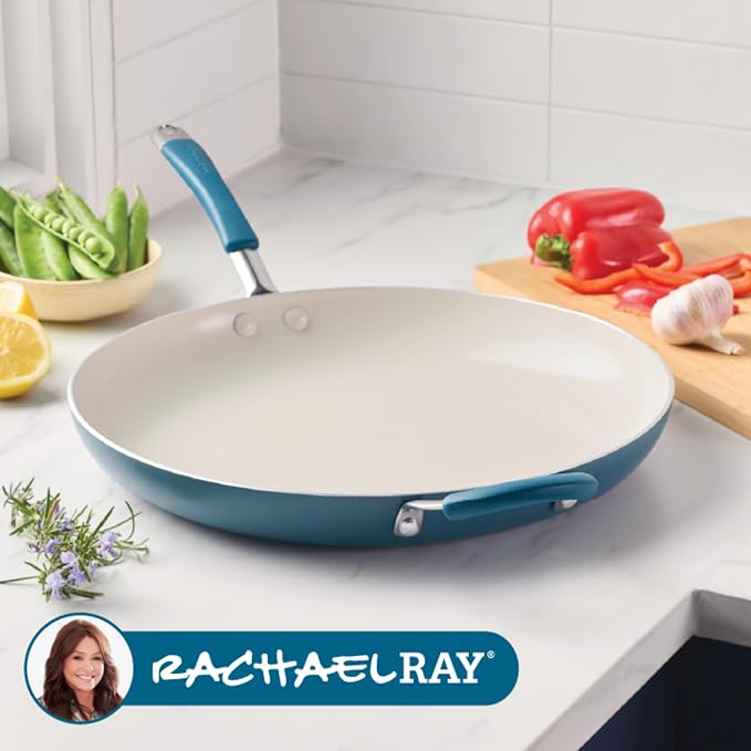Rachael Ray Cucina Ceramic Nonstick Frying Pan/Skillet, Dishwasher Safe, 14 Inch Open Fry Pan - Marine Blue