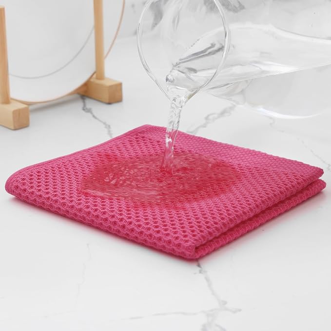 Kitinjoy 100% Cotton Waffle 8-Pack Kitchen Towels, 12" x 12", Hot Pink | Ultra Absorbent, Super Soft, lightweight, Quick Drying Dish Rags for Washing Dishes