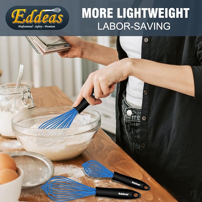 Eddeas Silicone Whisk, Non Scratch Whisk for Cooking, 5+7+9+11in Balloon Whisks, Suitable for Mixing, Blending. 11in Flat Whisks great for Ceramic Coated pans and Wider shallower pots. (Blue)