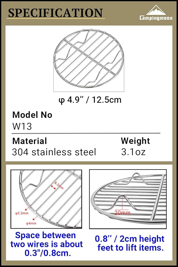 CAMPINGMOON φ4.9-inch Round Stainless Steel Cooking Grid Grill Fits for Backpacking Pocket Stove W13