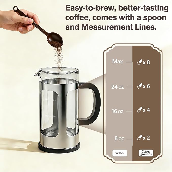French Press Coffee Maker 34oz, Heat Resistant Thickened Glass Stainless Steel Brewer, Easy to Clean, 4-Level Filtration, Cold Brew Cafe/Tea Pot for Kitchen Camping Travel, Gifts, Bar
