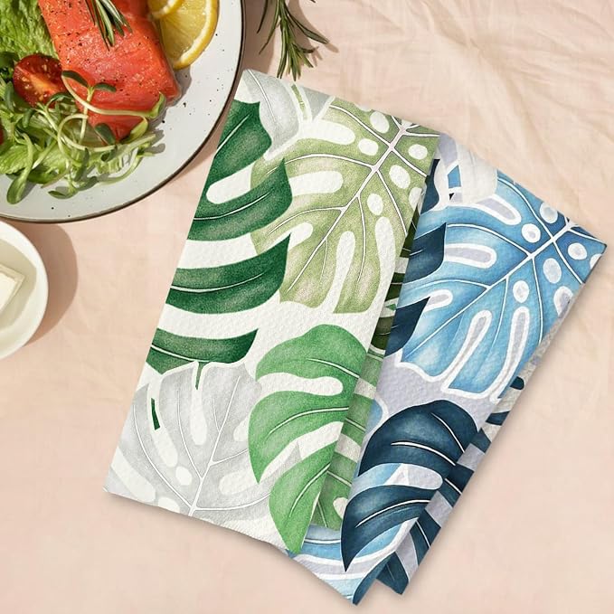 Boho Tropical Kitchen Towels Set of 2, Palm Leaf Botanical Dish Tea Towels for Kitchen Decor, Blue and Green Monstera Leaf Decorative Hand Towels for Bathroom Decor, 16x24 Inches
