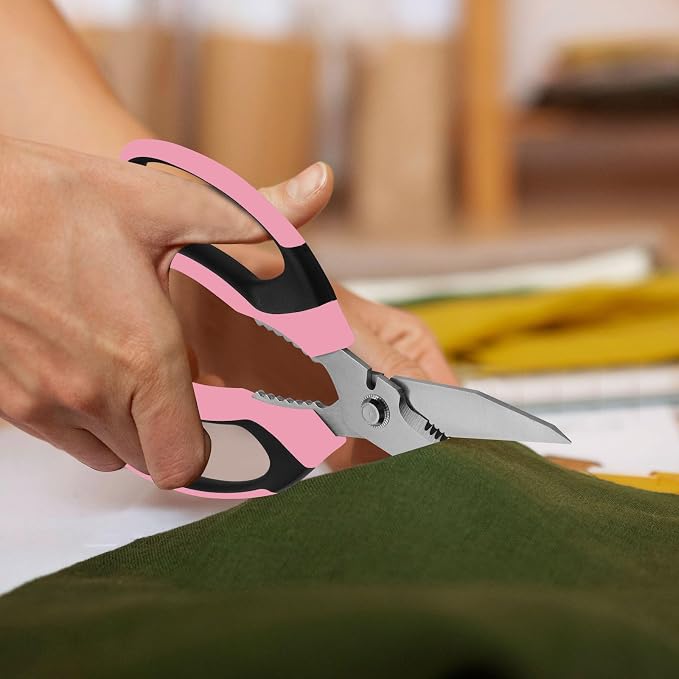 BoFuYuan Utility Scissors All Purpose heavy duty 8-Inch Pink | Comfort Grip, Sharp Serrated Blades Cutting Carpet Cardboard Wire Fabric, Multipurpose Shears for Kitchen Garden Office Craft