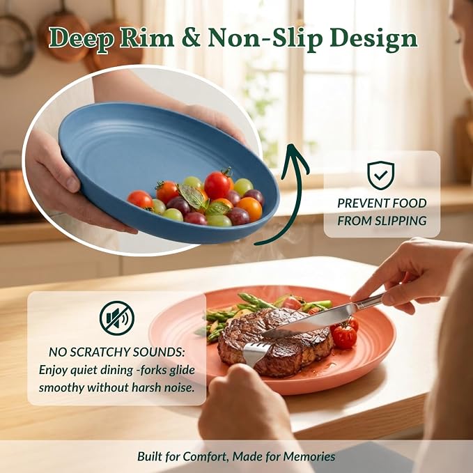 Deep Dinner Plates Set of 8 Alternative for Plastic Plates Microwave and Dishwasher Safe Wheat Straw Plates for Kitchen Unbreakable Kids Plate Set with 4 Colors (Classic Bright, 9 inch)