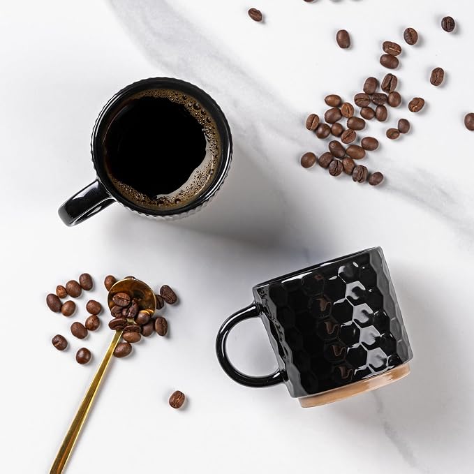 GBhome 6 OZ Stackable Coffee Mugs Set of 4, Ceramic Coffee Cups Set | 4 Assorted Designs, Embossed Mugs with Texture Patterns for Espresso/Tea, Dishwasher&Microwave Safe, Black