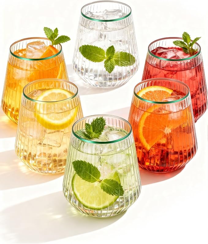 BESTSTAR 36 Pcs 12 oz Plastic Clear Green Rim Ribbed Wine Glasses | Origami Ripple Disposable Champagne Glasses Elegant Whiskey Glasses Ideal for Weddings,Bars,Christmas, Pool Party, Daily Use