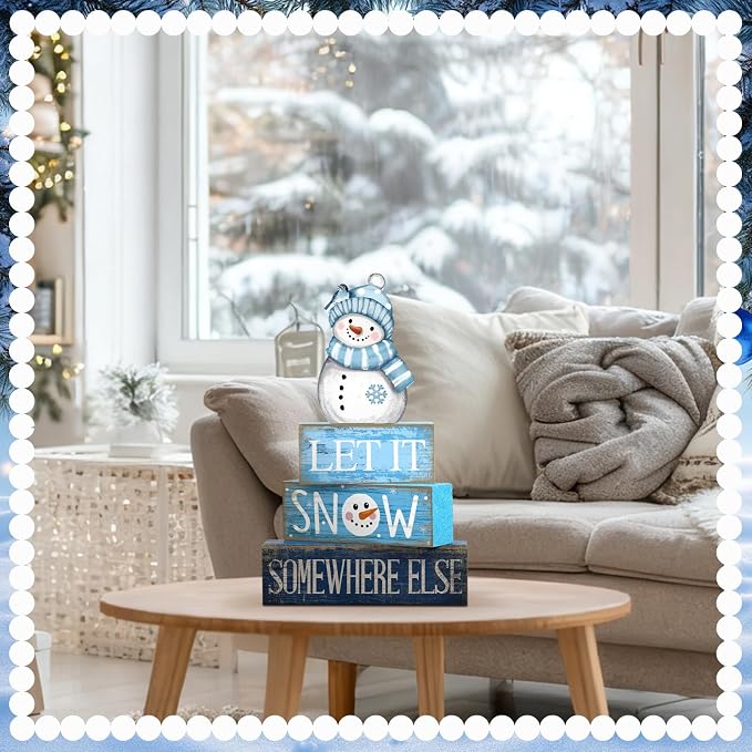 Lineshading 4 Pcs Wooden Snowman Tiered Tray Decor Block Signs Winter | Farmhouse Stacked Blocks, Let It Snow Somewhere Else Quote, Rustic Winter Seasonal Display for Shelves Mantels Tabletops