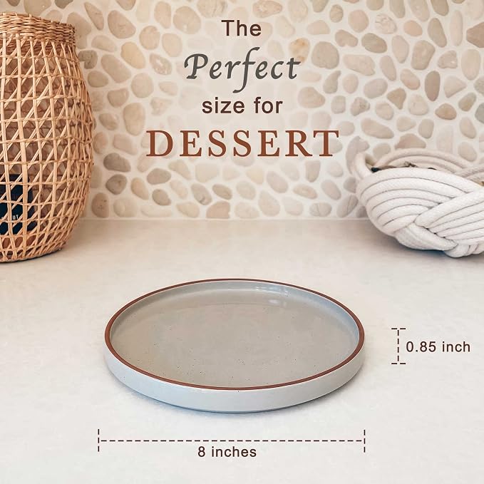 Mora Ceramic Flat Plates Set of 6-8 in - The Dessert, Salad, Appetizer, Small Lunch, etc Plate. Microwave, Oven, and Dishwasher Safe, Scratch Resistant. Kitchen Porcelain Dish - Earl Grey