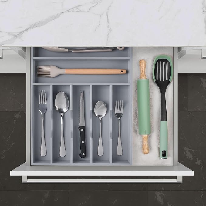 Kitchen Bamboo Silverware Organizer, Kitchen Drawer Organizer - Utensil Holder and Cutlery Tray with Grooved Drawer Dividers for Flatware 7 Slot, Grey
