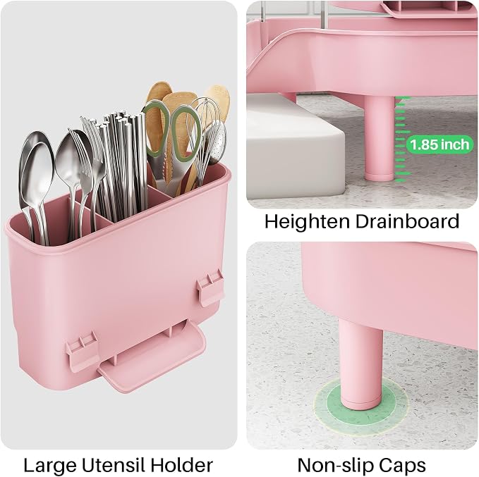SAYZH Expandable Dish Drying Rack for Small Kitchen Counter, Pink | Stainless Steel, Protective Guardrail, Angled Drainboard, Fits High-Rim Sinks, Removable Utensil Holder