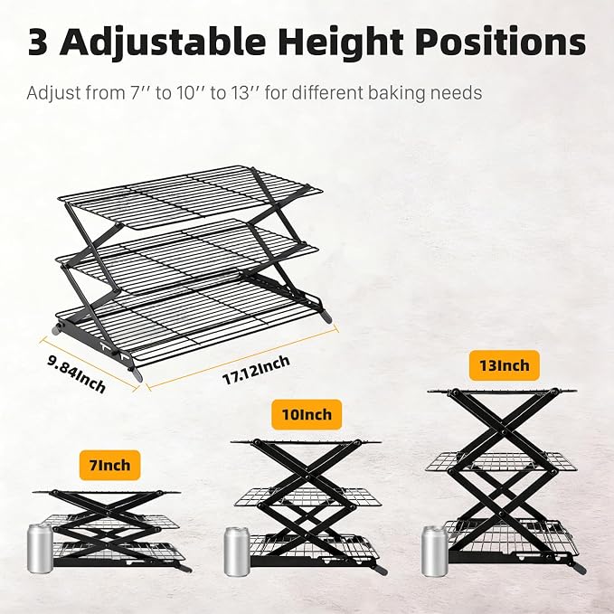3-Tier Collapsible Cooling Rack, Adjustable Wire Baking Rack, Black | 3 adjustable heights, stable X-leg frame, folds flat, open-wire airflow, 17.1 x 9.8 in, for cookies, cakes and pastries