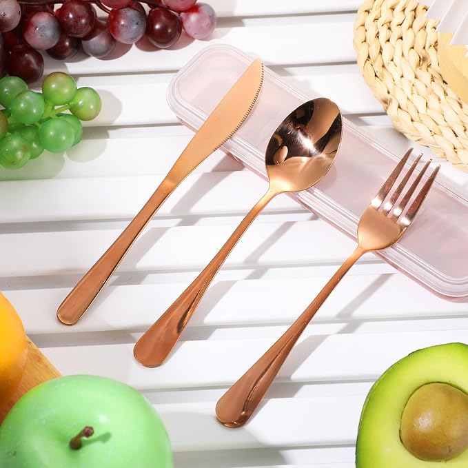 4 Pack Travel Silverware Set with Case for Lunch,Gold | Reusable Utensils with Case, Portable Flatware, Camping Cutlery, Fork Spoon Knife, for Work School, Dishwasher Safe