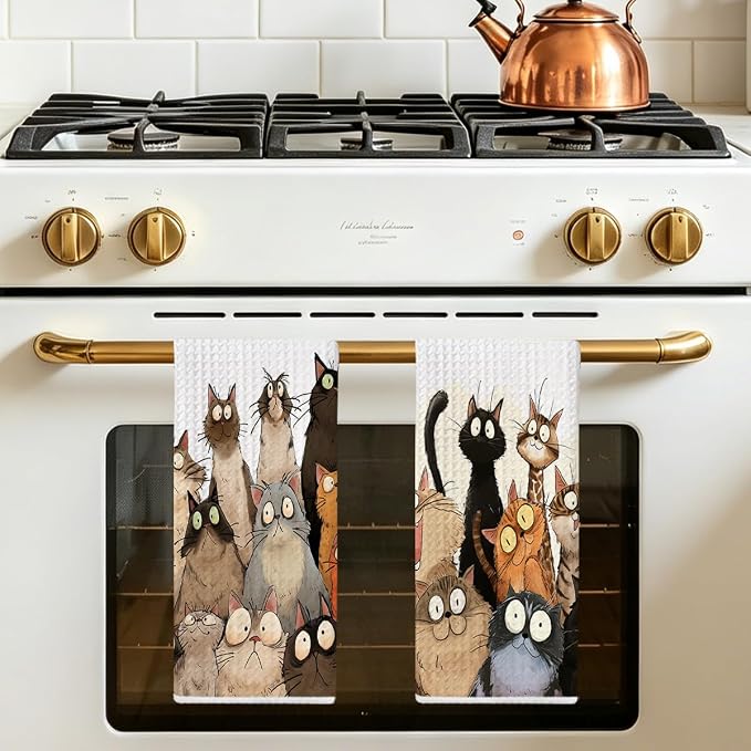 2 Pcs Cute Cat Kitchen Towels, Funny Cats Gifts Absorbent Hand Towels-01 | Cat Dish Cloths for Drying Dishes, Cats Waffle Dish Towels for Kitchen Home Bathroom Decor, Cat Lover Gifts for Women Mom