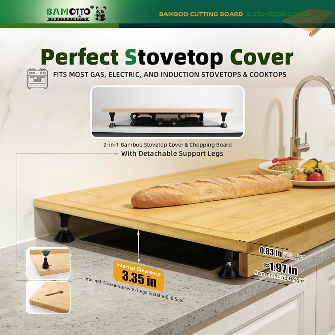 BAMOTTO CRAFTBAMBOO 30"x21" Extra Large Bamboo Cutting Board Stovetop Cover | Detachable Legs | Detachable Non-Slip Front Lip | Over Sink | Noodle Board | Kitchen Countertop Prep Station | Juice Groove