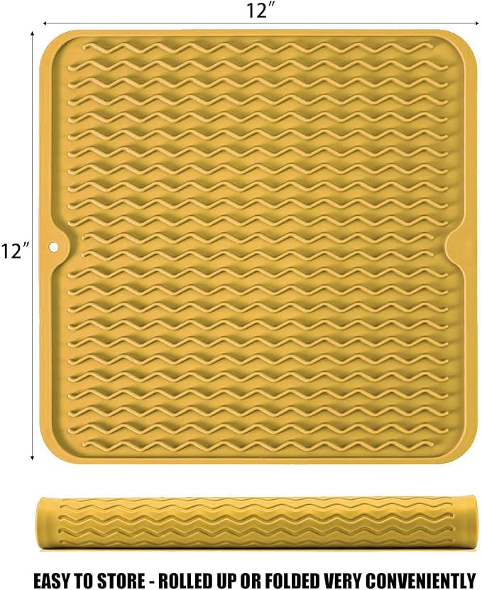 Silicone Dish Drying Mat, Non-Slip Easy Clean Sink Mat, Yellow, 12" x 12" | Quick-Dry Ridges, Large Heat-resistant Dish Drainer Mat for Kitchen Counter, Hangable & Roll-Up for Storage, Dishwasher Safe