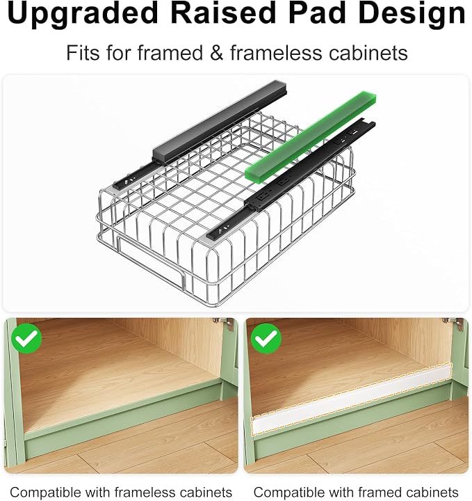 Pull out Cabinet Organizer, Stainless Steel 2-Pack (9.8"W x 16.5"D) Full-Extension Slide out Drawer, Adhesive Roll out Can Spice Storage Basket Shelf Rack for Pantry, Kitchen, Bathroom, Home Closet